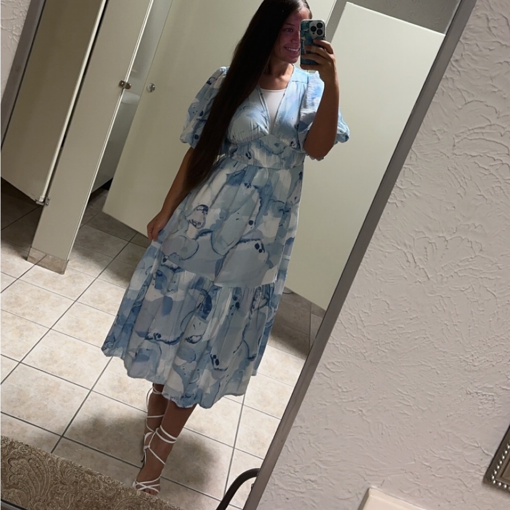 blue puff sleeve midi dress